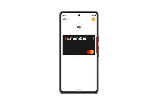 Telefon med re:member-kortet aktiverat i Google Pay.