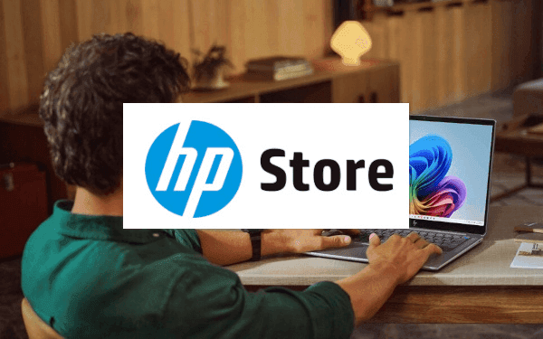 Bild på man vid dator och HP Store logotyp
