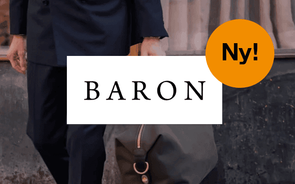 Man med väska och Baron logotype