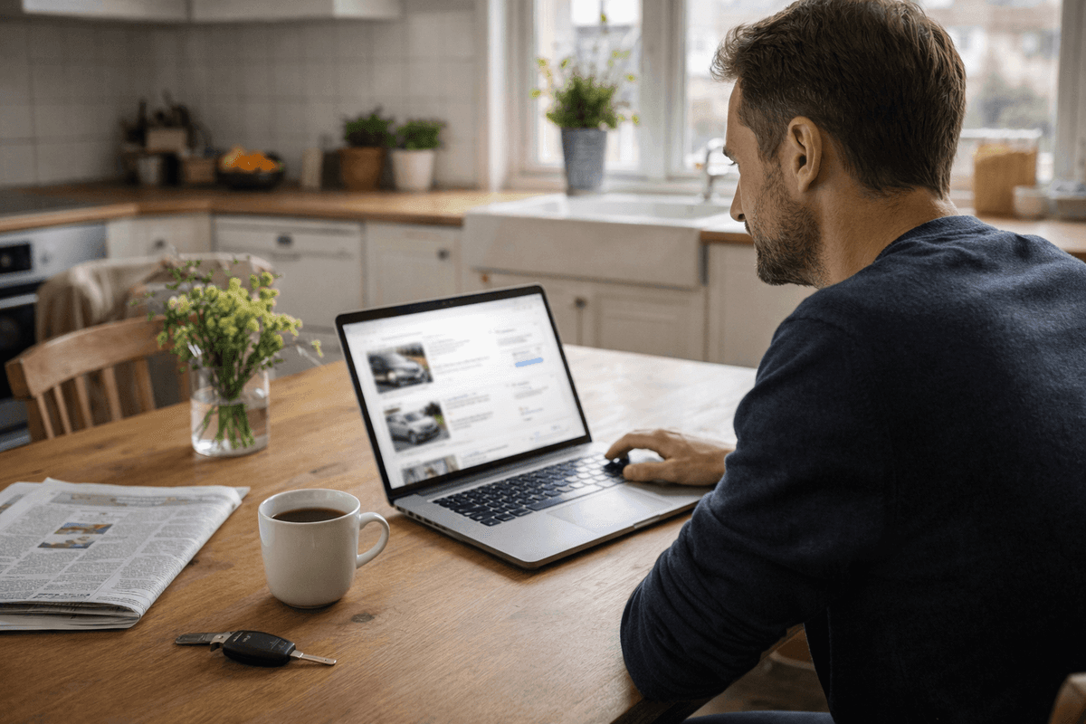 Man tittar på dator där bilannonser syns