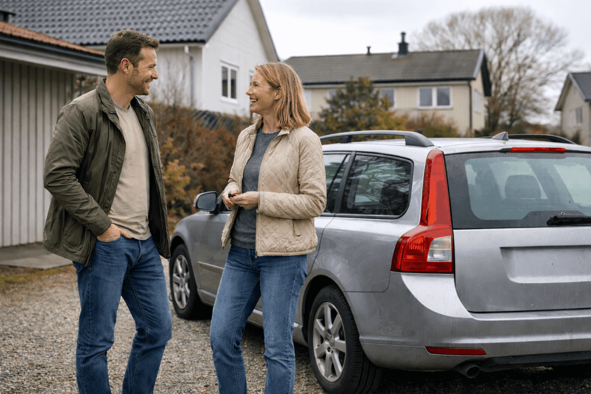 Man och kvinna står vid bil