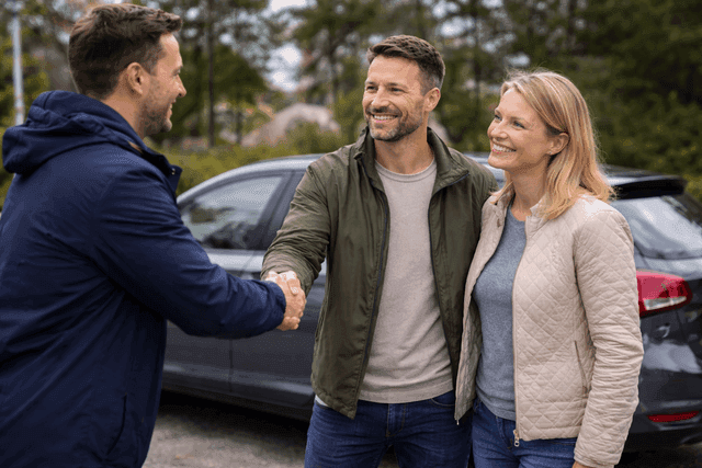 Bilköpare skakar hand med säljare