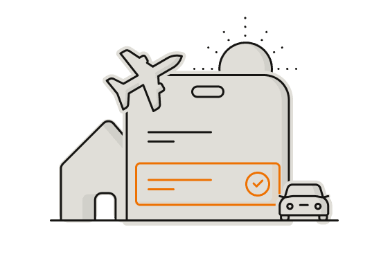 Illustration av lån med hus, bil och flygplan